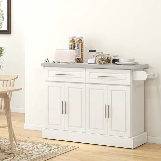 Alt view image 2 of 7 - Rolling Kitchen Island Cart with 47" Stainless Steel Top Cream White | Portable Island Table for Kitchen, Wheels, Adjustable Shelves, 2 Drawers, Spice, Knife and Towel Rack