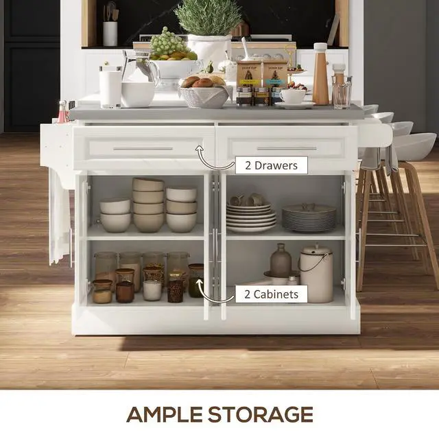 Alt view image 3 of 7 - Rolling Kitchen Island Cart with 47" Stainless Steel Top Cream White | Portable Island Table for Kitchen, Wheels, Adjustable Shelves, 2 Drawers, Spice, Knife and Towel Rack