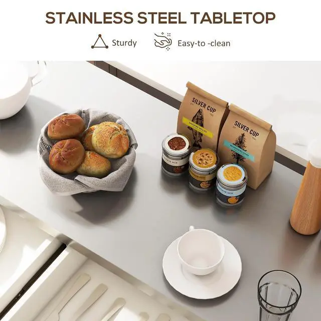 Alt view image 4 of 7 - Rolling Kitchen Island Cart with 47" Stainless Steel Top Cream White | Portable Island Table for Kitchen, Wheels, Adjustable Shelves, 2 Drawers, Spice, Knife and Towel Rack