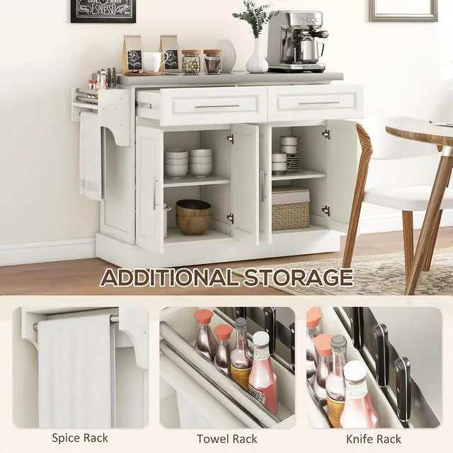 Alt view image 6 of 7 - Rolling Kitchen Island Cart with 47" Stainless Steel Top Cream White | Portable Island Table for Kitchen, Wheels, Adjustable Shelves, 2 Drawers, Spice, Knife and Towel Rack