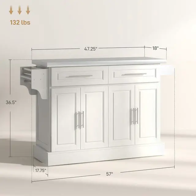 Alt view image 7 of 7 - Rolling Kitchen Island Cart with 47" Stainless Steel Top Cream White | Portable Island Table for Kitchen, Wheels, Adjustable Shelves, 2 Drawers, Spice, Knife and Towel Rack
