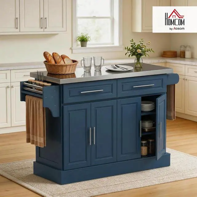 Alt view image 2 of 7 - Rolling Kitchen Island Cart with 47" Stainless Steel Top Navy Blue | Portable Island Table for Kitchen, Wheels, Adjustable Shelves, 2 Drawers, Spice, Knife and Towel Rack