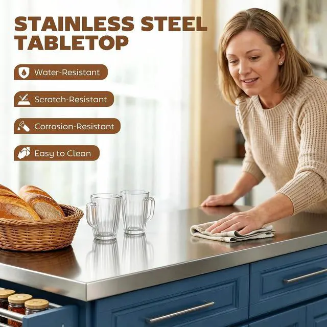 Alt view image 3 of 7 - Rolling Kitchen Island Cart with 47" Stainless Steel Top Navy Blue | Portable Island Table for Kitchen, Wheels, Adjustable Shelves, 2 Drawers, Spice, Knife and Towel Rack
