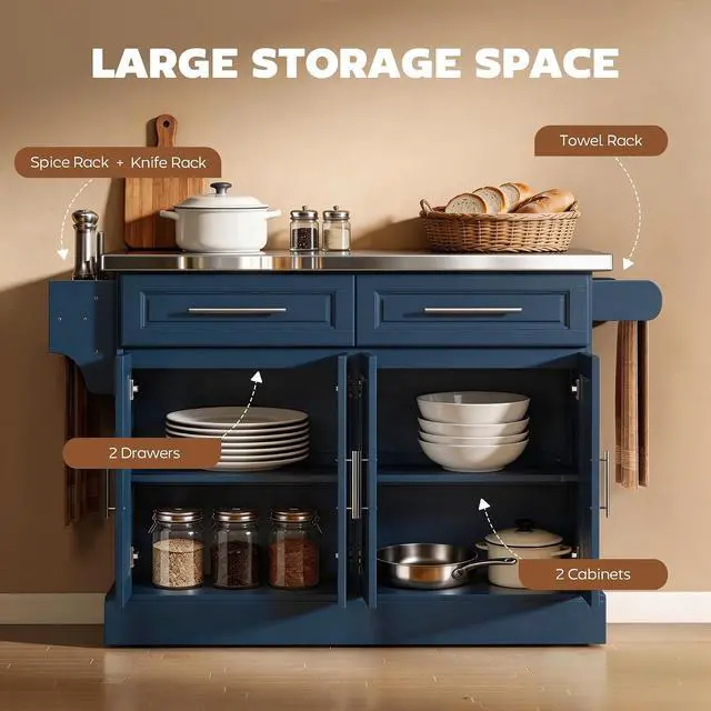 Alt view image 4 of 7 - Rolling Kitchen Island Cart with 47" Stainless Steel Top Navy Blue | Portable Island Table for Kitchen, Wheels, Adjustable Shelves, 2 Drawers, Spice, Knife and Towel Rack