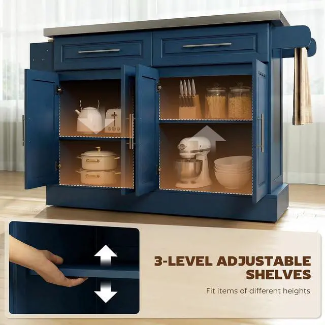 Alt view image 5 of 7 - Rolling Kitchen Island Cart with 47" Stainless Steel Top Navy Blue | Portable Island Table for Kitchen, Wheels, Adjustable Shelves, 2 Drawers, Spice, Knife and Towel Rack