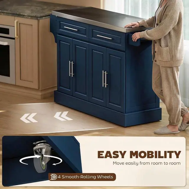 Alt view image 6 of 7 - Rolling Kitchen Island Cart with 47" Stainless Steel Top Navy Blue | Portable Island Table for Kitchen, Wheels, Adjustable Shelves, 2 Drawers, Spice, Knife and Towel Rack