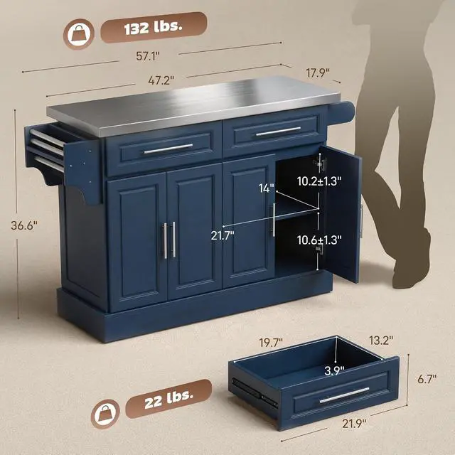 Alt view image 7 of 7 - Rolling Kitchen Island Cart with 47" Stainless Steel Top Navy Blue | Portable Island Table for Kitchen, Wheels, Adjustable Shelves, 2 Drawers, Spice, Knife and Towel Rack