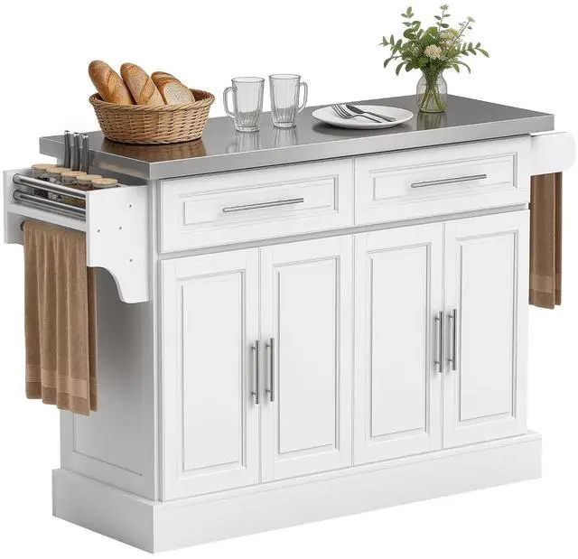 Main image of Rolling Kitchen Island Cart with 47" Stainless Steel Top White | Portable Island Table for Kitchen, Wheels, Adjustable Shelves, 2 Drawers, Spice, Knife and Towel Rack
