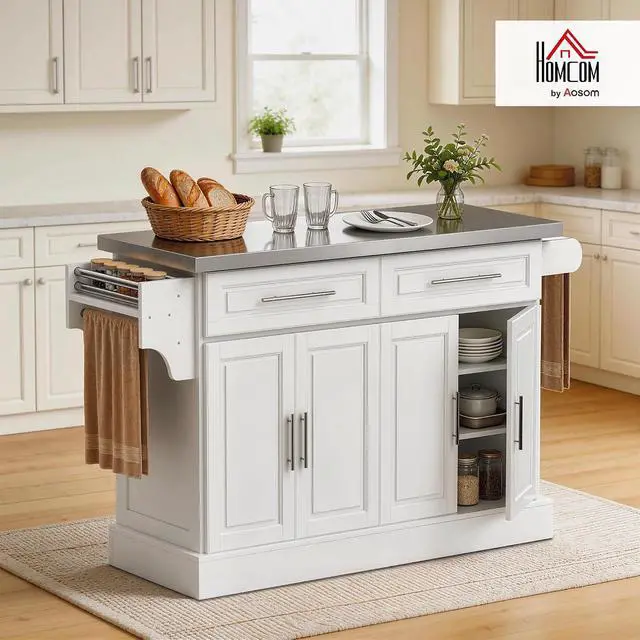 Alt view image 2 of 7 - Rolling Kitchen Island Cart with 47" Stainless Steel Top White | Portable Island Table for Kitchen, Wheels, Adjustable Shelves, 2 Drawers, Spice, Knife and Towel Rack