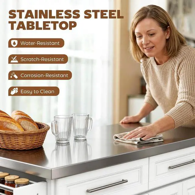 Alt view image 3 of 7 - Rolling Kitchen Island Cart with 47" Stainless Steel Top White | Portable Island Table for Kitchen, Wheels, Adjustable Shelves, 2 Drawers, Spice, Knife and Towel Rack