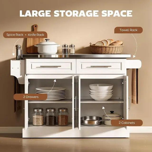 Alt view image 4 of 7 - Rolling Kitchen Island Cart with 47" Stainless Steel Top White | Portable Island Table for Kitchen, Wheels, Adjustable Shelves, 2 Drawers, Spice, Knife and Towel Rack