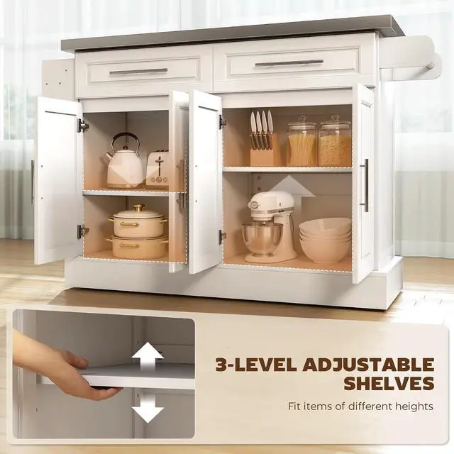 Alt view image 5 of 7 - Rolling Kitchen Island Cart with 47" Stainless Steel Top White | Portable Island Table for Kitchen, Wheels, Adjustable Shelves, 2 Drawers, Spice, Knife and Towel Rack