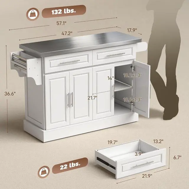 Alt view image 7 of 7 - Rolling Kitchen Island Cart with 47" Stainless Steel Top White | Portable Island Table for Kitchen, Wheels, Adjustable Shelves, 2 Drawers, Spice, Knife and Towel Rack