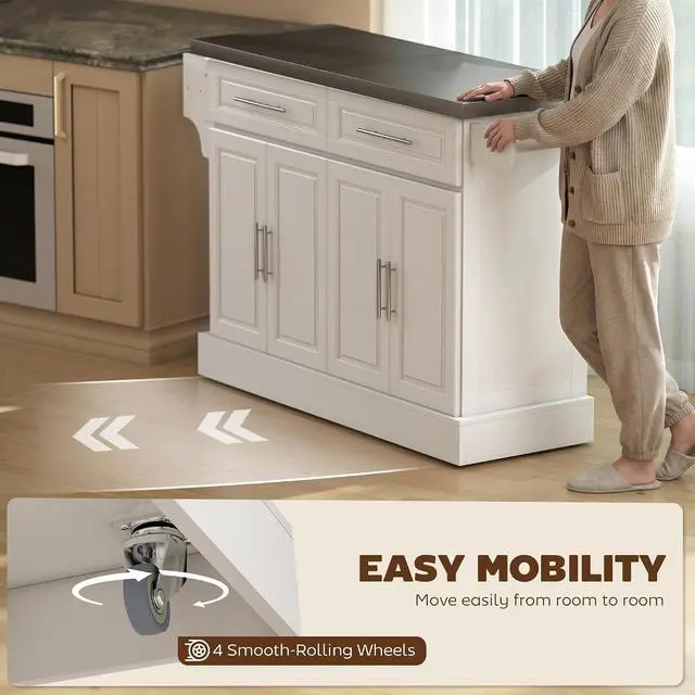 Alt view image 6 of 7 - Rolling Kitchen Island Cart with 47" Stainless Steel Top White | Portable Island Table for Kitchen, Wheels, Adjustable Shelves, 2 Drawers, Spice, Knife and Towel Rack