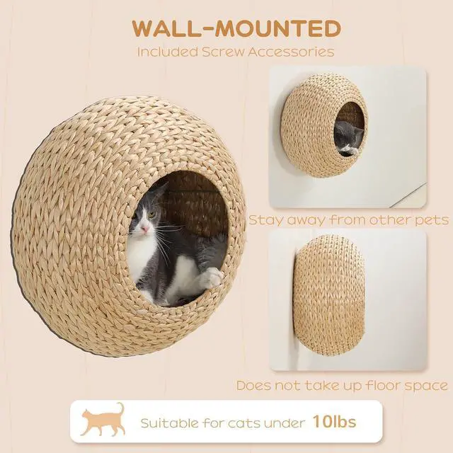 Alt view image 3 of 7 - PawHut Cat Wall Furniture Cat Wall Shelf for Indoor Cats Natural Wood | Cat Condo with Washable Cushion, for Kittens