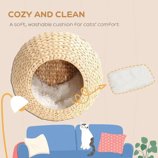Alt view image 4 of 7 - PawHut Cat Wall Furniture Cat Wall Shelf for Indoor Cats Natural Wood | Cat Condo with Washable Cushion, for Kittens