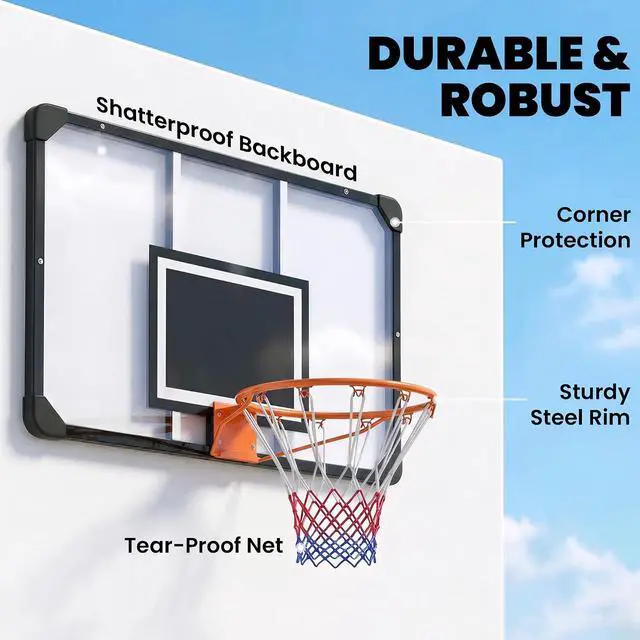 Alt view image 4 of 7 - Wall Mounted Basketball Hoop 45" x 29" Shatter Proof Backboard | Durable Rim, All-Weather Net, Indoor and Outdoor Use, Basketball Backboard