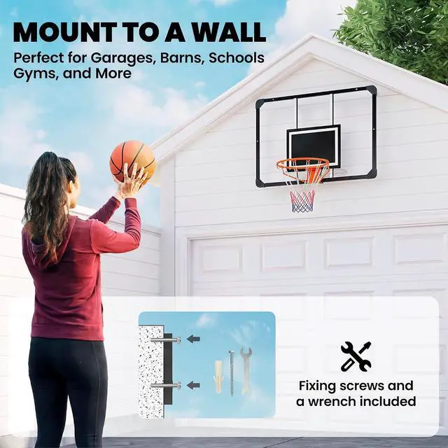 Alt view image 3 of 7 - Wall Mounted Basketball Hoop 45" x 29" Shatter Proof Backboard | Durable Rim, All-Weather Net, Indoor and Outdoor Use, Basketball Backboard