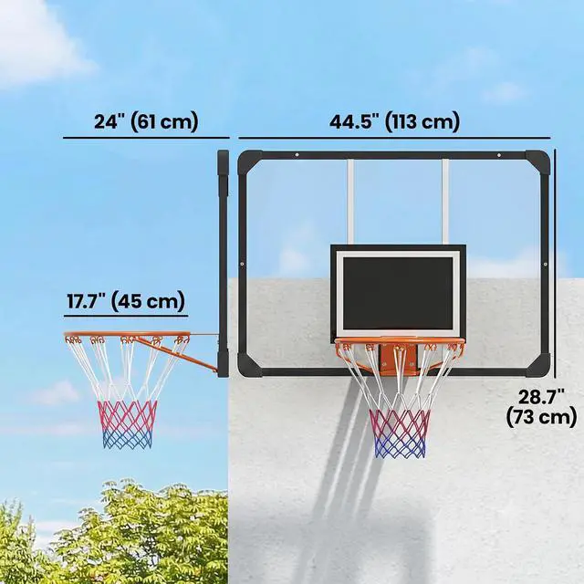 Alt view image 5 of 7 - Wall Mounted Basketball Hoop 45" x 29" Shatter Proof Backboard | Durable Rim, All-Weather Net, Indoor and Outdoor Use, Basketball Backboard