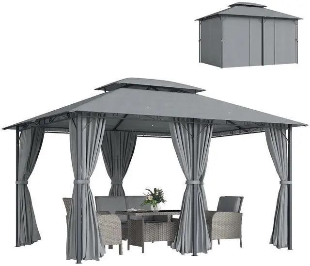 Main image of 10' x 13' Patio Gazebo with Curtains for Backyard Sage Gray | Outdoor Gazebo Canopy Shelter, Vented Roof, Steel Frame, for Garden, Lawn, Deck