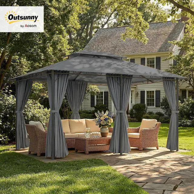 Alt view image 2 of 7 - 10' x 13' Patio Gazebo with Curtains for Backyard Sage Gray | Outdoor Gazebo Canopy Shelter, Vented Roof, Steel Frame, for Garden, Lawn, Deck