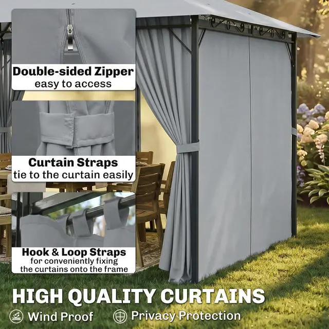 Alt view image 3 of 7 - 10' x 13' Patio Gazebo with Curtains for Backyard Sage Gray | Outdoor Gazebo Canopy Shelter, Vented Roof, Steel Frame, for Garden, Lawn, Deck