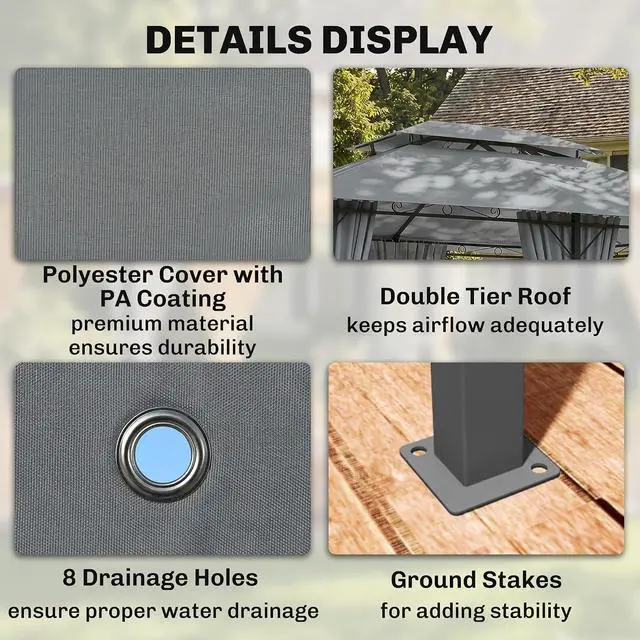 Alt view image 4 of 7 - 10' x 13' Patio Gazebo with Curtains for Backyard Sage Gray | Outdoor Gazebo Canopy Shelter, Vented Roof, Steel Frame, for Garden, Lawn, Deck