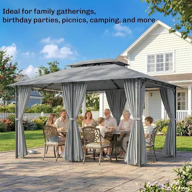 Alt view image 5 of 7 - 10' x 13' Patio Gazebo with Curtains for Backyard Sage Gray | Outdoor Gazebo Canopy Shelter, Vented Roof, Steel Frame, for Garden, Lawn, Deck