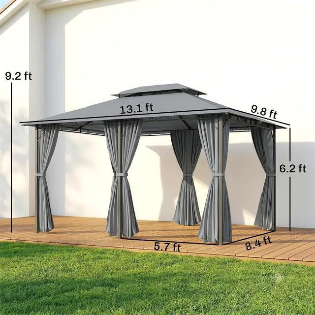 Alt view image 6 of 7 - 10' x 13' Patio Gazebo with Curtains for Backyard Sage Gray | Outdoor Gazebo Canopy Shelter, Vented Roof, Steel Frame, for Garden, Lawn, Deck