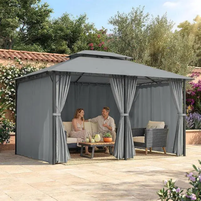 Alt view image 7 of 7 - 10' x 13' Patio Gazebo with Curtains for Backyard Sage Gray | Outdoor Gazebo Canopy Shelter, Vented Roof, Steel Frame, for Garden, Lawn, Deck