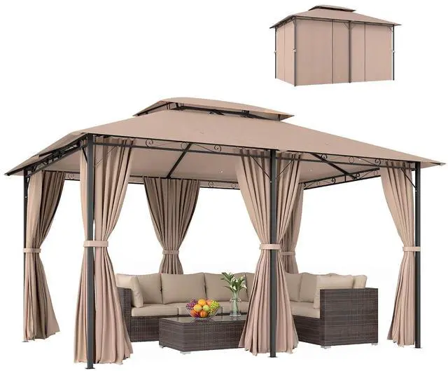 Main image of 10' x 13' Patio Gazebo with Curtains for Backyard Khaki | Outdoor Gazebo Canopy Shelter, Vented Roof, Steel Frame, for Garden, Lawn, Deck