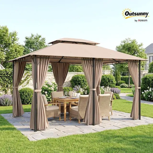 Alt view image 2 of 7 - 10' x 13' Patio Gazebo with Curtains for Backyard Khaki | Outdoor Gazebo Canopy Shelter, Vented Roof, Steel Frame, for Garden, Lawn, Deck