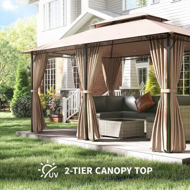Alt view image 3 of 7 - 10' x 13' Patio Gazebo with Curtains for Backyard Khaki | Outdoor Gazebo Canopy Shelter, Vented Roof, Steel Frame, for Garden, Lawn, Deck