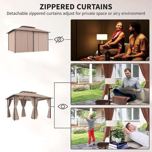Alt view image 4 of 7 - 10' x 13' Patio Gazebo with Curtains for Backyard Khaki | Outdoor Gazebo Canopy Shelter, Vented Roof, Steel Frame, for Garden, Lawn, Deck