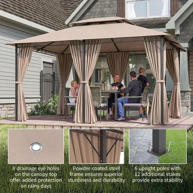 Alt view image 5 of 7 - 10' x 13' Patio Gazebo with Curtains for Backyard Khaki | Outdoor Gazebo Canopy Shelter, Vented Roof, Steel Frame, for Garden, Lawn, Deck