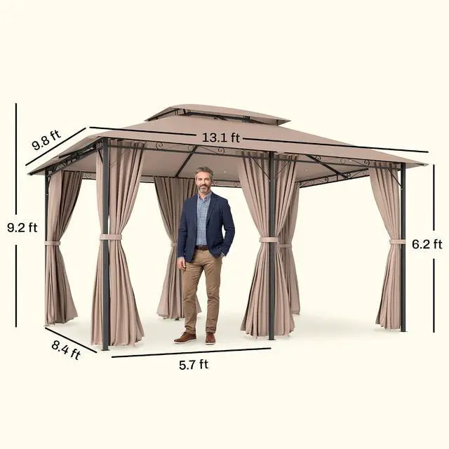 Alt view image 6 of 7 - 10' x 13' Patio Gazebo with Curtains for Backyard Khaki | Outdoor Gazebo Canopy Shelter, Vented Roof, Steel Frame, for Garden, Lawn, Deck