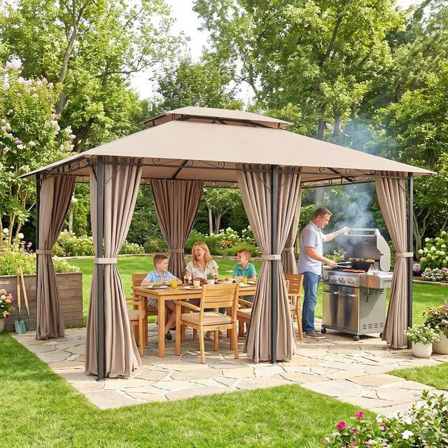 Alt view image 7 of 7 - 10' x 13' Patio Gazebo with Curtains for Backyard Khaki | Outdoor Gazebo Canopy Shelter, Vented Roof, Steel Frame, for Garden, Lawn, Deck