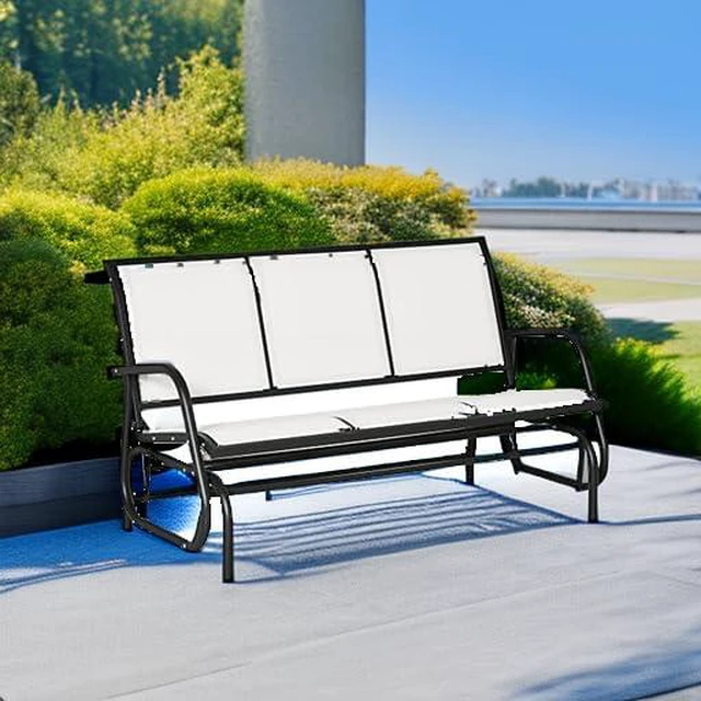 Alt view image 6 of 7 - 3-Person Patio Glider Bench Outside 3 Seats Cream White | Porch Glider Swing, Breathable Mesh Fabric, Metal Frame
