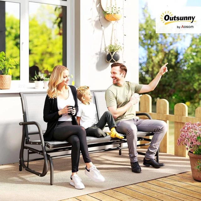 Alt view image 2 of 7 - 3-Person Patio Glider Bench Outside 3 Seats Cream White | Porch Glider Swing, Breathable Mesh Fabric, Metal Frame