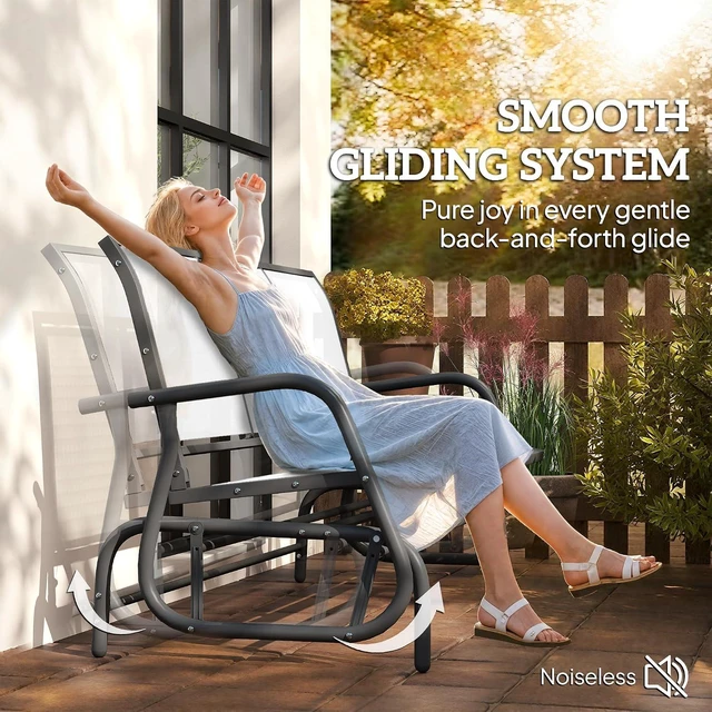 Alt view image 4 of 7 - 3-Person Patio Glider Bench Outside 3 Seats Cream White | Porch Glider Swing, Breathable Mesh Fabric, Metal Frame