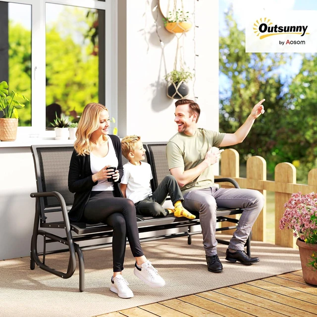 Alt view image 2 of 7 - 3-Person Patio Glider Bench Outside 3 Seats, Black | Porch Glider Swing, Breathable Mesh Fabric, Metal Frame