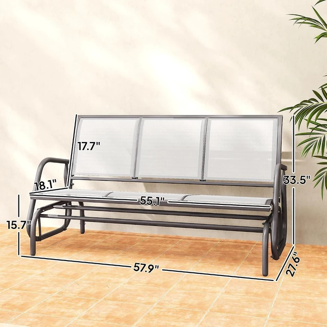 Alt view image 3 of 7 - 3-Person Patio Glider Bench Outside 3 Seats Cream White | Porch Glider Swing, Breathable Mesh Fabric, Metal Frame