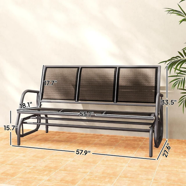 Alt view image 3 of 7 - 3-Person Patio Glider Bench Outside 3 Seats, Black | Porch Glider Swing, Breathable Mesh Fabric, Metal Frame