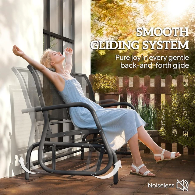 Alt view image 4 of 7 - 3-Person Patio Glider Bench Outside 3 Seats, Black | Porch Glider Swing, Breathable Mesh Fabric, Metal Frame
