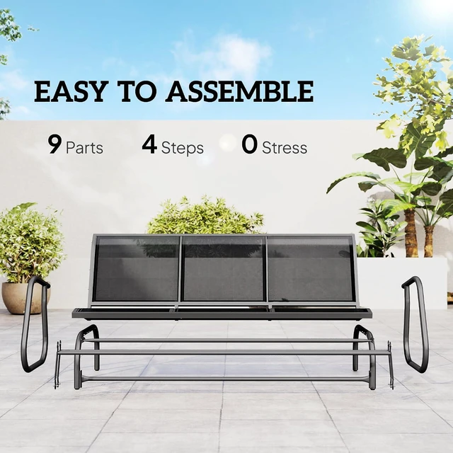 Alt view image 5 of 7 - 3-Person Patio Glider Bench Outside 3 Seats, Black | Porch Glider Swing, Breathable Mesh Fabric, Metal Frame