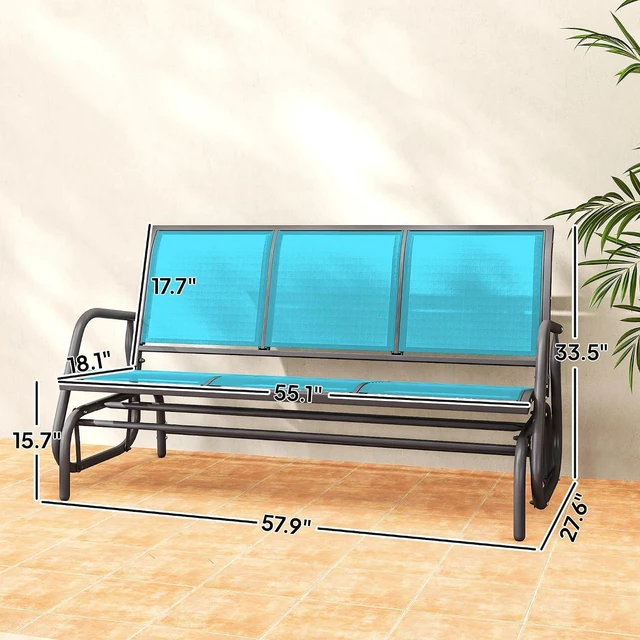 Alt view image 3 of 7 - 3-Person Patio Glider Bench Outside 3 Seats Blue | Porch Glider Swing, Breathable Mesh Fabric, Metal Frame