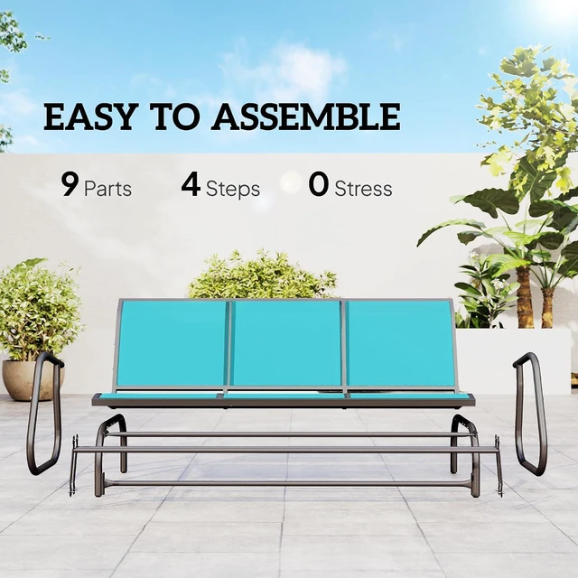 Alt view image 5 of 7 - 3-Person Patio Glider Bench Outside 3 Seats Blue | Porch Glider Swing, Breathable Mesh Fabric, Metal Frame