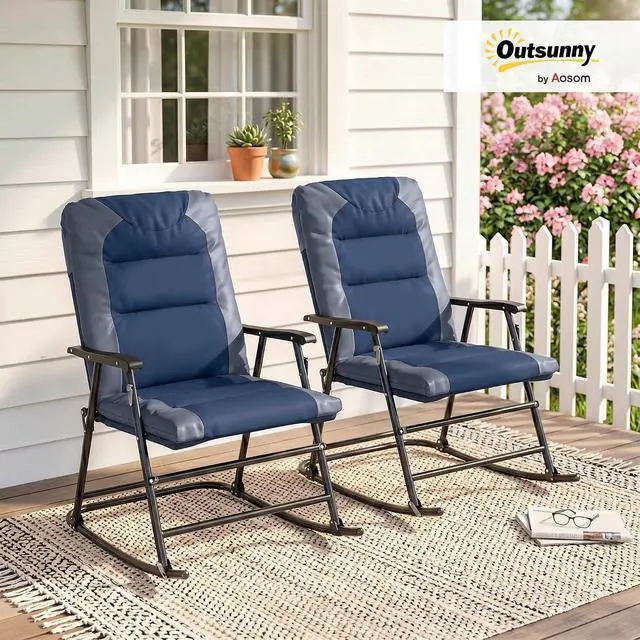 Alt view image 2 of 7 - Oversized Folding Rocking Camping Chair Set of 2 Padded Navy Blue | Outdoor Rockers, High Back and Armrests, Portable Outdoor Patio Chairs, Steel Frame, Garden Porch Lawn