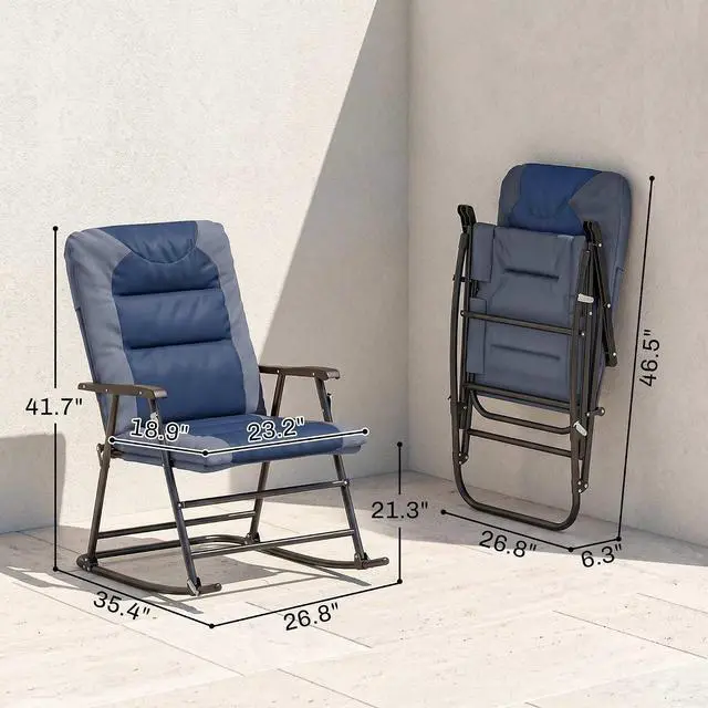 Alt view image 3 of 7 - Oversized Folding Rocking Camping Chair Set of 2 Padded Navy Blue | Outdoor Rockers, High Back and Armrests, Portable Outdoor Patio Chairs, Steel Frame, Garden Porch Lawn