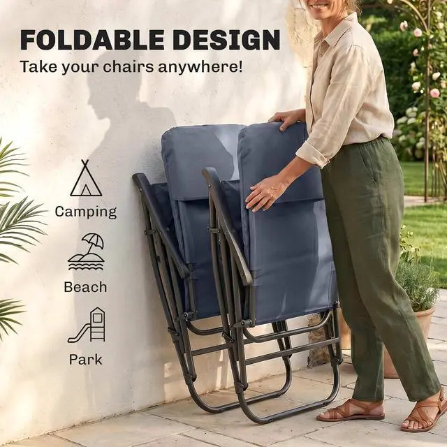 Alt view image 4 of 7 - Oversized Folding Rocking Camping Chair Set of 2 Padded Navy Blue | Outdoor Rockers, High Back and Armrests, Portable Outdoor Patio Chairs, Steel Frame, Garden Porch Lawn